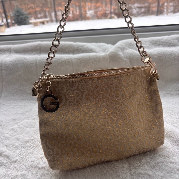 GUESS Gold Monogram Mini Shoulder Bag Y2K Metallic Pochette Chain Strap - Picture 2 of 7